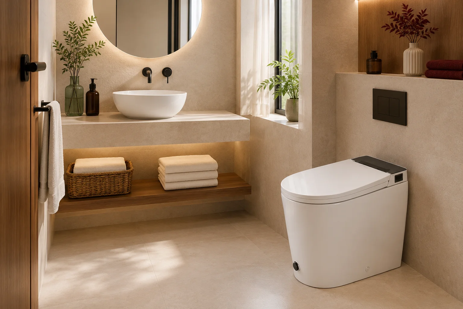 Baño de habitación de hotel con inodoro inteligente Eisy instalado