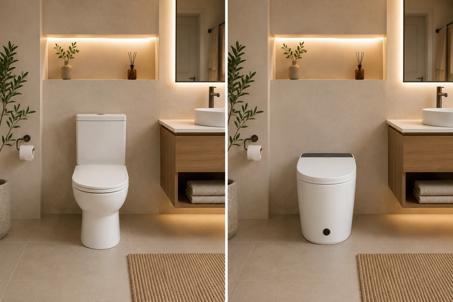 Baño moderno con inodoro inteligente Eisy integrado en un proyecto de reforma