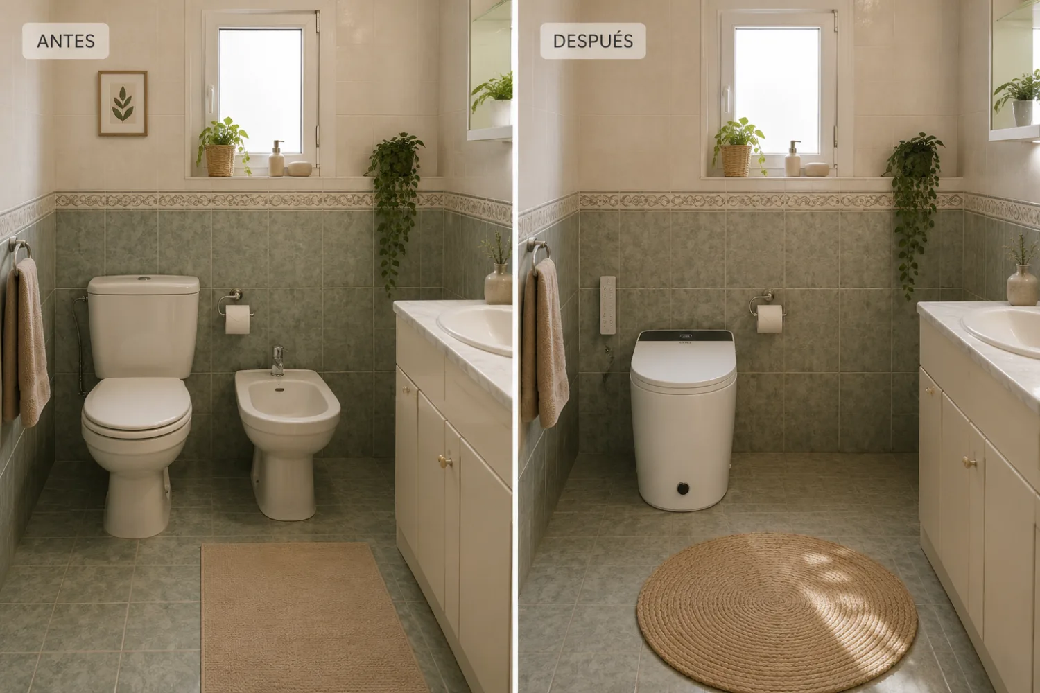 Comparativa antes y después: un baño con inodoro y bidé frente al mismo baño con un inodoro inteligente y más espacio libre