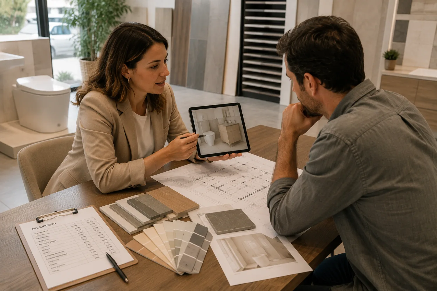 Profesional de reformas presentando opciones de baño a un cliente con planos, muestras de materiales y presupuesto