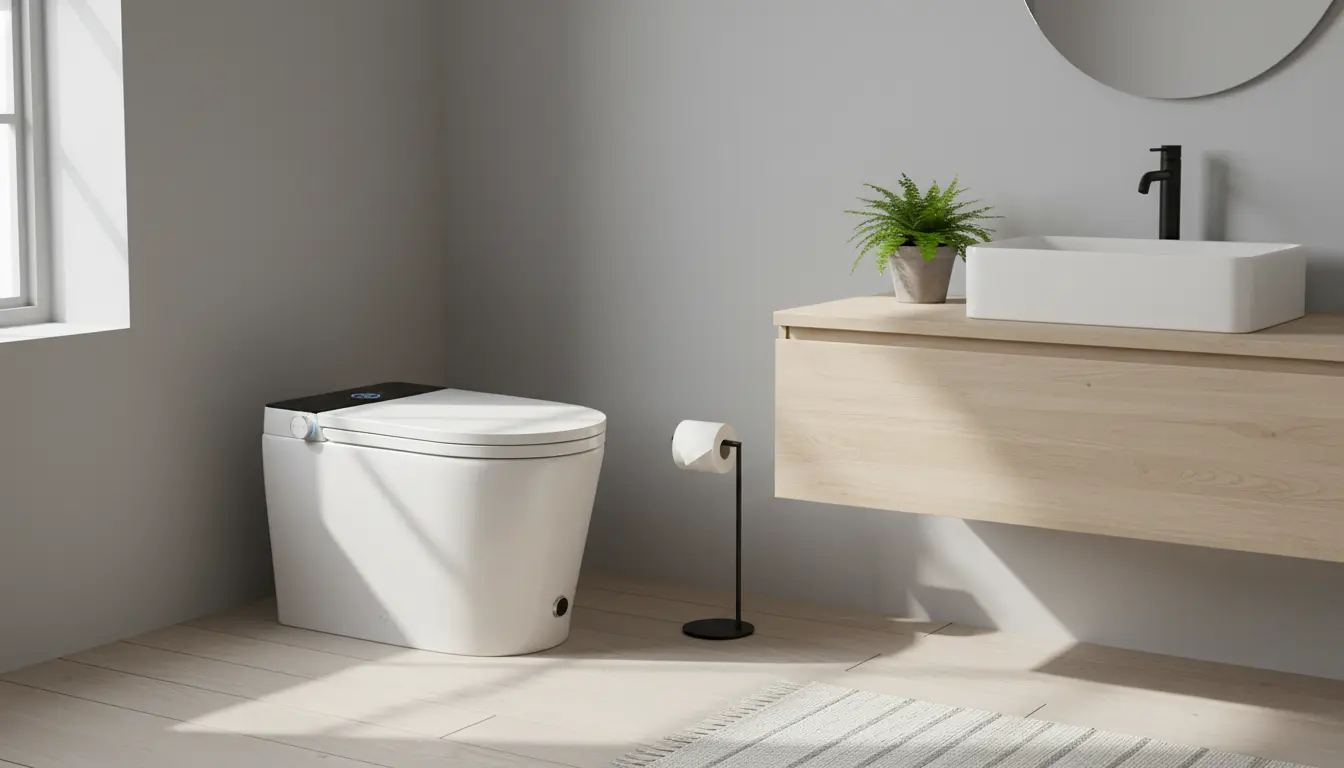 Eisy One with a black display in a bright, compact bathroom