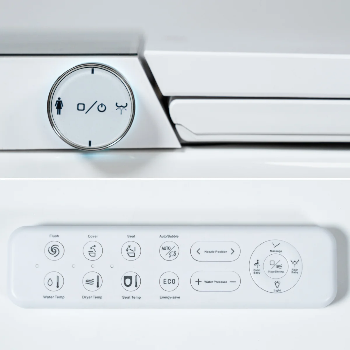 Controles y funciones de un inodoro inteligente Eisy: mando lateral y panel de funciones