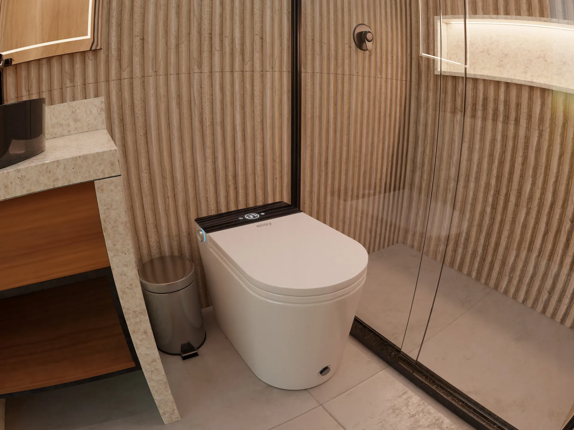 Eisy One with a black display in a Japandi bathroom with fluted stone walls and pale wood furniture